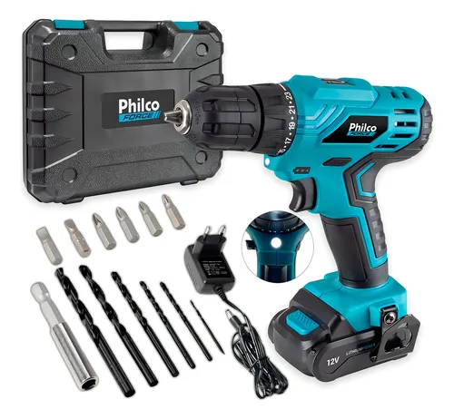 Imagem do produto Furadeira Parafusadeira Sem Fio de 10mm Philco PPF12M 12V com Acessórios Bivolt
